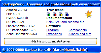 Окно для запуска сервера